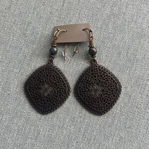 Bronze Boho Filigree Earrings Brown Dangle Beaded Wire Closure Diamond Shape NWT